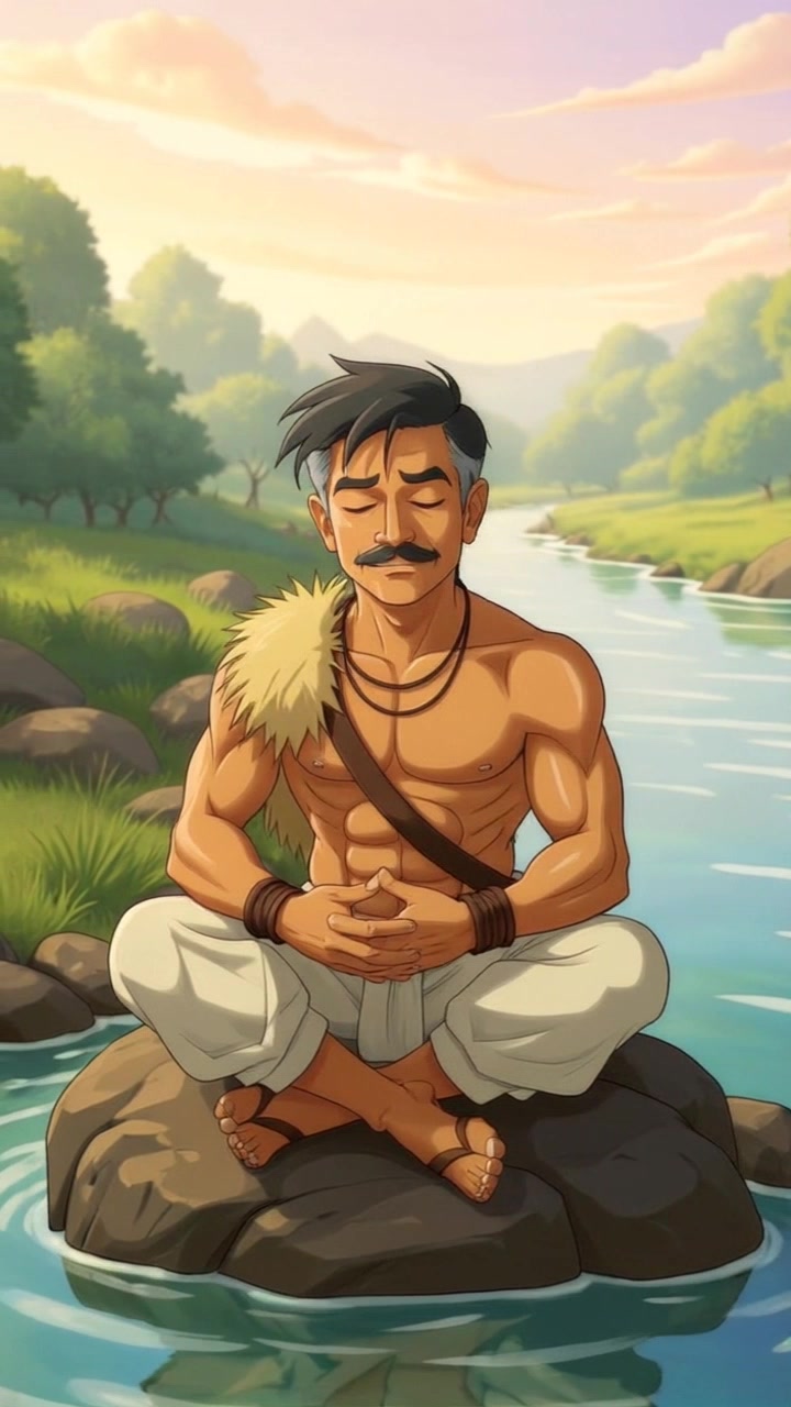 Subject: A person sitting cross-legged on a rock, meditating. Subject movement: The individual remains still, embodying tranquility as the gentle breeze rustles through the leaves. Scene: Serene riverside setting, with lush greenery and a flowing river in the background. Style: Soft, ambient light filtering through the trees, creating dappled shadows on the ground. Motion: The camera slowly dolly in towards the meditating figure, capturing the peaceful essence of the moment while the water flows steadily nearby.