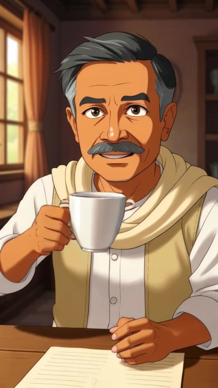 Subject: A man with a warm smile, sitting at a wooden table with a cup of tea. Subject movement: He gestures gently with his hand as he raises the cup to his lips. Scene: Cozy, sunlit indoor café, adorned with wooden accents and plants in the background. Style: Soft morning light streaming through the windows, creating a warm and inviting atmosphere. Motion: Camera smoothly pushes in closer to capture the man's expression and the details of the tea cup, then pulls back to reveal the surrounding café ambiance.