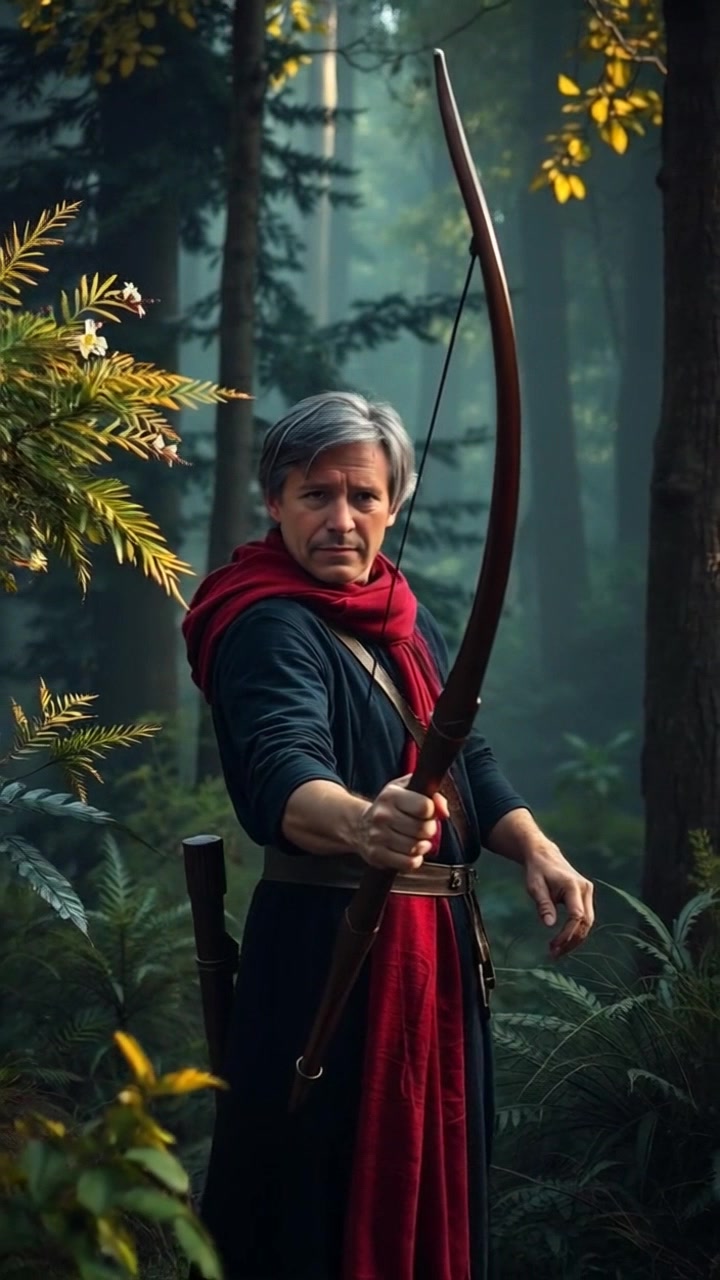 Subject: A focused figure standing in a dense forest, ready with a bow. Subject movement: Mark shifts slightly on his feet, preparing to aim at a distant target. Scene: Vibrant green foliage surrounds him, dappled sunlight filtering through the treetops. Style: Warm, inviting atmosphere with a hint of mystery as shadows dance around him. Motion: The camera slowly dolly in on Mark, capturing the intensity of his gaze, before panning out to reveal the enchanting forest backdrop.