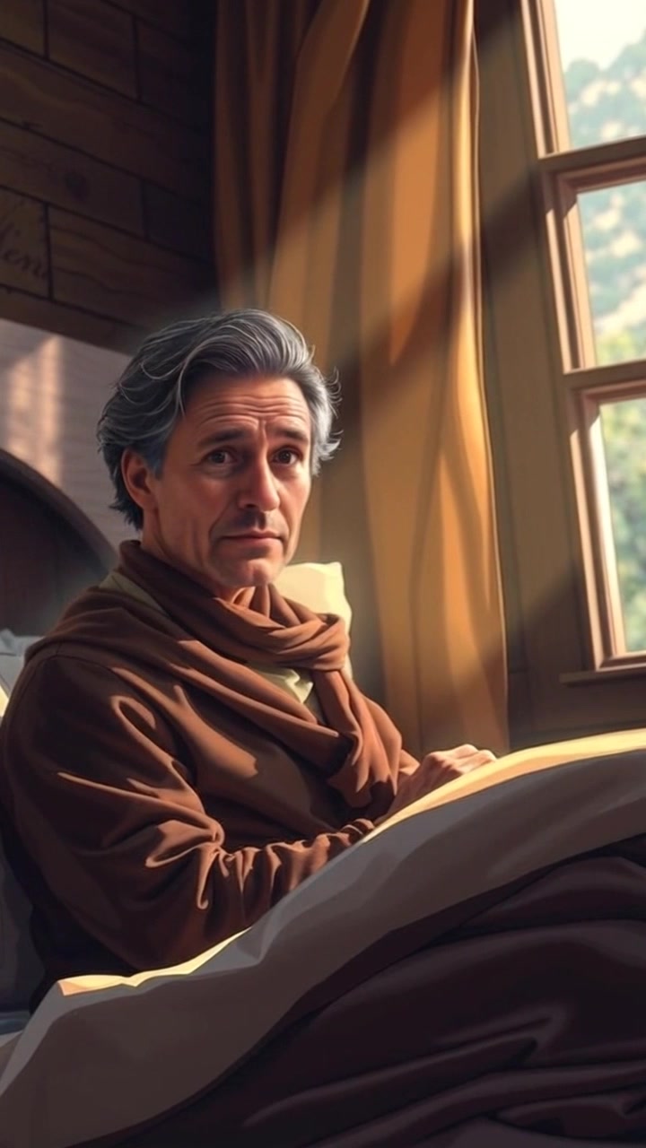 Subject: A person sitting up in bed, looking surprised. Subject movement: The person suddenly sits up, eyes wide open in reaction to something unexpected. Scene: A cozy bedroom bathed in soft morning light, with sunlight filtering through sheer curtains and casting gentle shadows. Lighting: Morning light creates a warm, inviting atmosphere. Motion: The camera gently pushes in to capture the person's expression, accentuating the surprise while maintaining a steady focus on the serene bedroom backdrop.