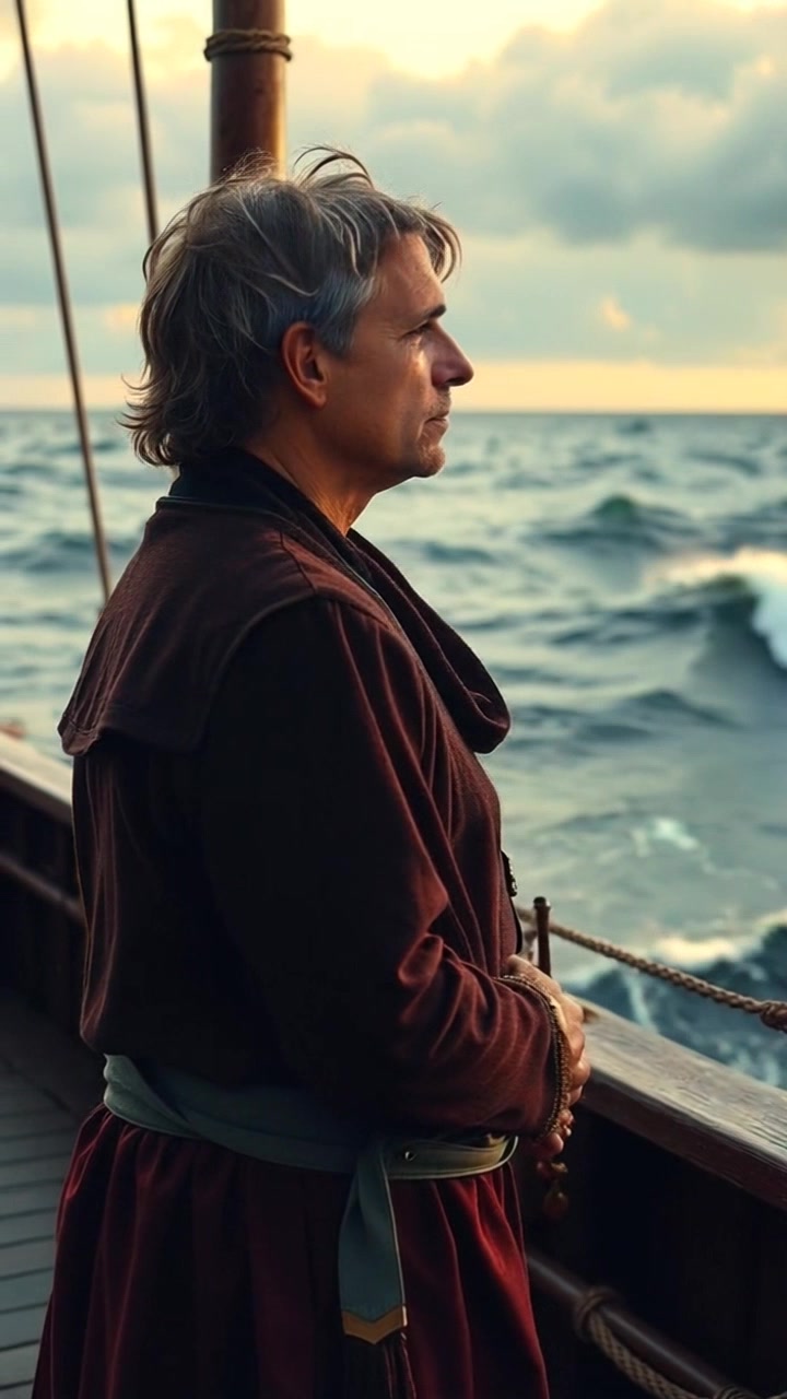 Subject: A person standing on a ship deck. Subject movement: The person stands motionless, gazing contemplatively at the horizon while the ocean waves crash behind him. Scene: A panoramic view of a ship deck against a vast ocean, with the sun setting in the background, illuminating the sky with vibrant hues of orange and pink. Motion: The camera slowly pushes in from a distance, capturing the expansive ocean and crashing waves before focusing on the person in profile, creating a sense of introspection and solitude. Lighting: Warm sunset lighting enhancing the tranquil atmosphere.