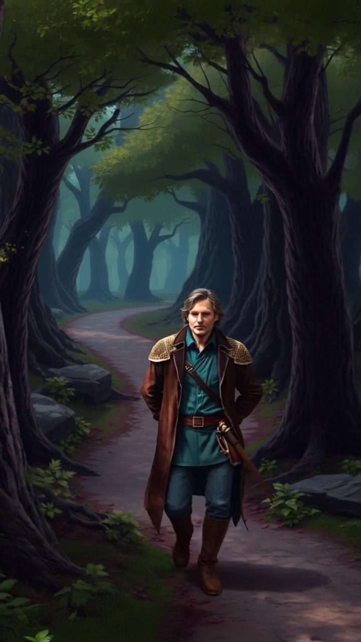 Subject: A determined figure walking decisively down a winding forest path. Subject movement: The figure strides with purpose, pushing through the underbrush. Scene: Dense forest with towering trees lining the path, dappled sunlight filtering through the leaves. Style: Warm, filtered light casts gentle shadows on the ground, creating an inviting yet adventurous atmosphere. Motion: The camera tracks alongside the walking figure, weaving through the trees and gradually pulling back to reveal the lush, green surroundings.