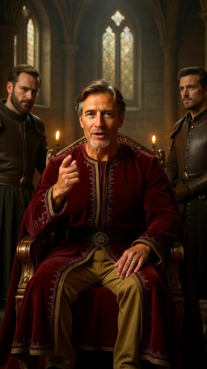 Subject: A figure of authority sitting on a grand throne. Subject movement: The figure gestures assertively, conveying determination and command. Scene: A lavishly decorated throne room with opulent gold accents and richly colored drapery in the background. Style: Dramatic, soft-focus lighting highlighting the figure's expression and emphasizing the grandeur of the throne. Motion: Slow push-in towards the figure, capturing the intricate details of the throne and the intense gaze of the subject, with a slight tilt to enhance the imposing atmosphere.