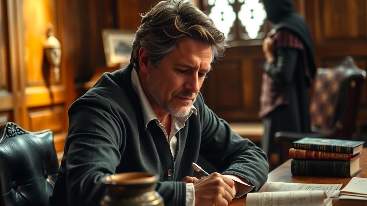 Scene: A close-up of a person sitting at a wooden desk surrounded by scattered books and papers, appearing deep in thought. Style: Soft, warm ambient light filtering through a nearby window, casting gentle shadows on the desk. Motion: The camera slowly pushes in, focusing on the intricate details of the desk while softening the background, emphasizing the atmosphere of contemplation.