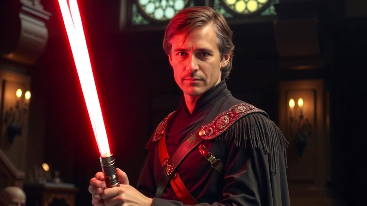 Subject: A character standing poised in a darkened room, holding a lightsaber, exuding readiness for a mission. Scene: The shadowy interior of a room, illuminated only by the soft glow of the lightsaber's blade, surrounded by hints of futuristic tech. Motion: The camera slowly pushes in, capturing the determined expression on Mark's face as the lightsaber hums softly, creating an atmosphere of tension and anticipation.