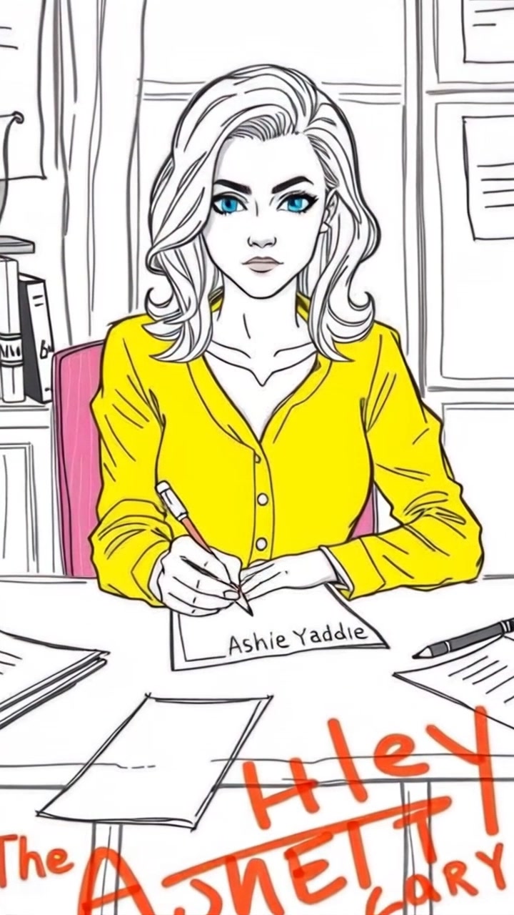 Subject: The Ashley sitting at a table, writing notes with a serious expression. Subject movement: She pauses briefly to reflect, then resumes writing with focused intent, her brow furrowing in concentration. Scene: A cluttered workspace filled with scattered papers, pens, and books, creating an atmosphere of intense study. Style: Warm, ambient lighting illuminating the tabletop, casting soft shadows around. Motion: The camera softly pushes in on the subject, accentuating her focused expression, then transitions to a close-up of her hands moving across the paper.