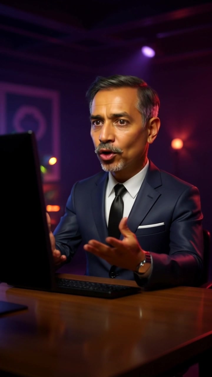 Subject: A person sitting at a desk with a computer, speaking into a microphone. Subject movement: The individual gestures animatedly, emphasizing key points as they speak. Scene: Modern home office with vibrant decor, plants lining the windowsill, and a soft glow from desk lamps. Style: Warm, inviting lighting creates a cozy atmosphere, with a slight bokeh effect in the background. Motion: Camera performs a smooth push-in towards the speaker, capturing their expressions and the lively details of the workspace.