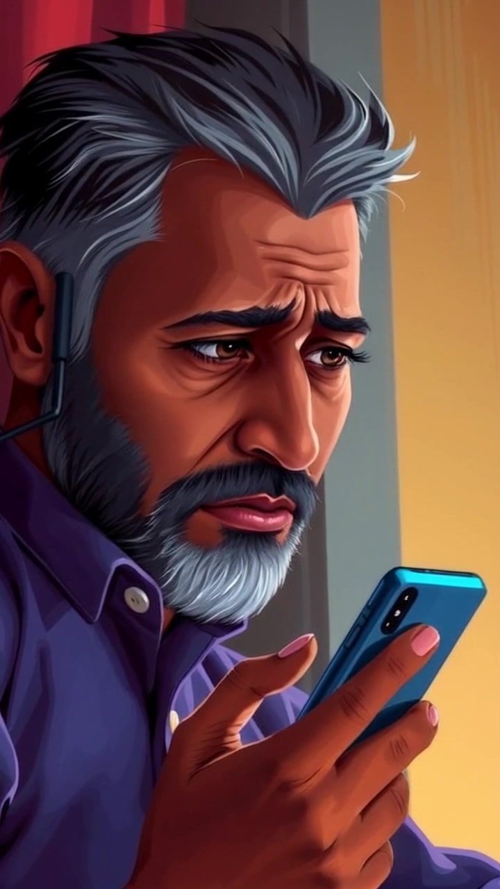 Subject: A person staring intensely at his phone with a worried expression, anxiously awaiting a call. Scene: An intimate indoor setting, perhaps a cozy living room with soft furnishings and ambient lighting. Style: Warm, subdued lighting creates a sense of intimacy and tension. Motion: Camera slowly pushes in on the subject's face to capture the subtle shifts in his expression, with slight shakes to reflect his anxious energy.