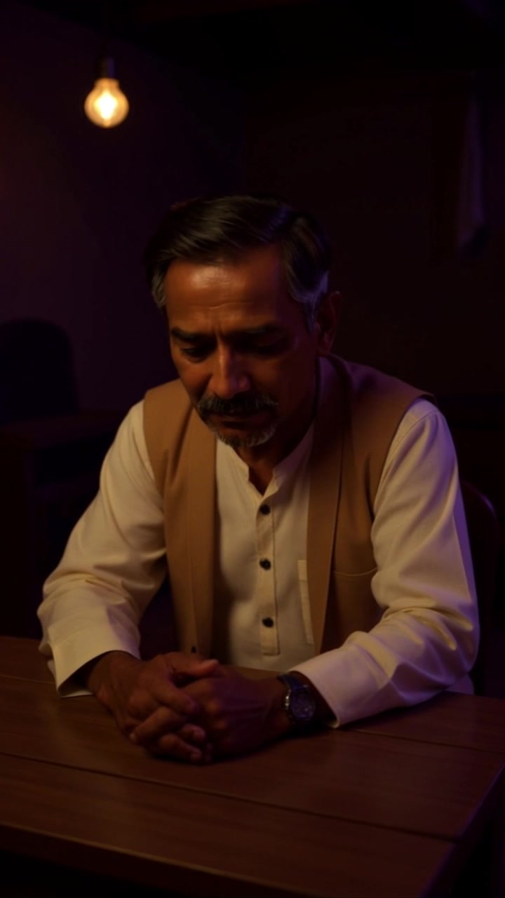 Scene: Raj sitting alone at a wooden table in a dimly lit room, looking down with a sad expression. Style: Warm, muted lighting enhances the somber mood of the scene, casting soft shadows on the wooden surface. Motion: The camera slowly pans in closer to capture the subtle details of Raj's reflective demeanor, emphasizing the solitude in the atmosphere.