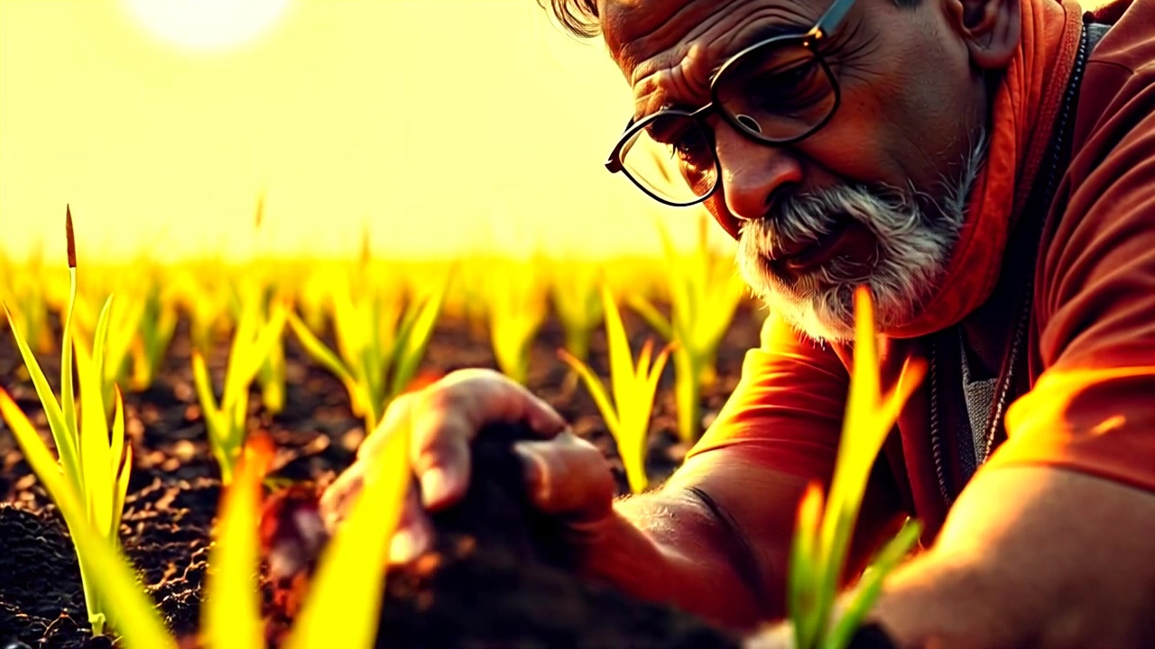Subject: A diligent worker in a sunlit field, focused on tilling the soil. Subject movement: He repeatedly digs with a shovel, lifting the soil and letting it fall back unto the ground. Scene: A close-up shot in a vibrant, rural field under the bright sun, showcasing the details of the soil and the effort being put in. Style: Bright, warm lighting illuminating the scene with a golden hue. Motion: The camera steadily pushes in for a closer look at the laborer's hands as they grip the shovel, accentuating the rhythmic movement and effort involved.