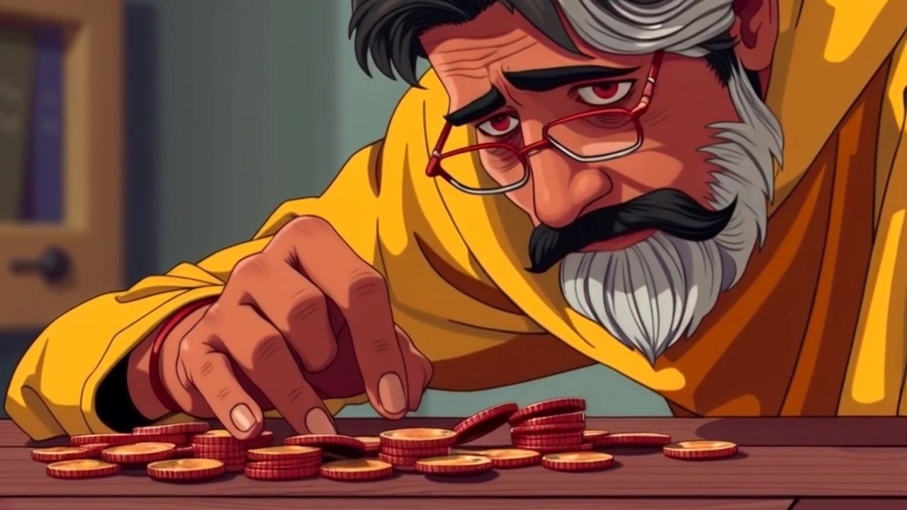 Subject: A hand counting coins, displaying a sense of urgency and worry. Scene: A close-up view of coins spread across a weathered wooden table, with a focused intention reflecting on the person's hand. Style: Soft, ambient lighting highlighting the textures of the coins and the table, enhancing the mood of concern. Motion: Camera slowly pushes in for an intimate view of the hand's movements, emphasizing each coin's weight and significance as they are counted.