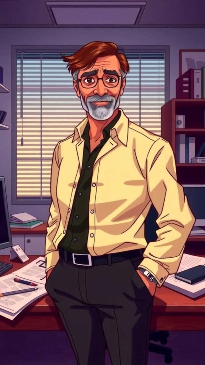 Subject: A person in a formal outfit standing confidently in an office. Scene: An office environment with a desk cluttered with paperwork and various office supplies. Lighting: Bright, fluorescent lighting illuminating the workspace, creating a professional atmosphere. Motion: The camera slowly zooms in on the subject, capturing a sense of determination as they survey the documents on the desk, ready to tackle their tasks.