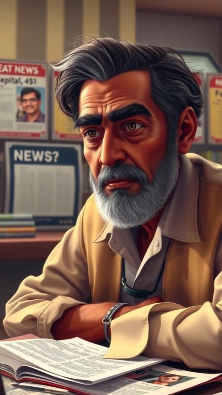 Scene: A close-up of a news desk, with disheveled papers strewn about, creating a sense of urgency. Style: Dramatic, low-key lighting enhancing the serious atmosphere. Motion: The camera slowly dolly pushes in on the desk, capturing the tension in the scene as the focused expression of the Raj intensifies, with every paper subtly shifting as the camera draws closer.