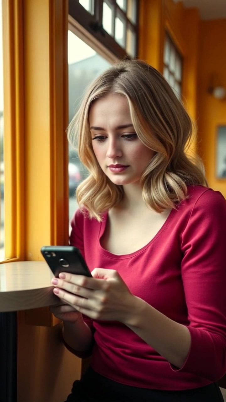 Subject: A woman sitting alone at a café table, gazing intently at her phone with a troubled expression. Scene: Cozy café setting with soft, ambient lighting and warm wooden furnishings, a few other patrons in the blurred background. Motion: The camera slowly pushes in, capturing the subtle emotions on her face, while the world around her remains slightly out of focus, emphasizing her isolation amidst the lively atmosphere.
