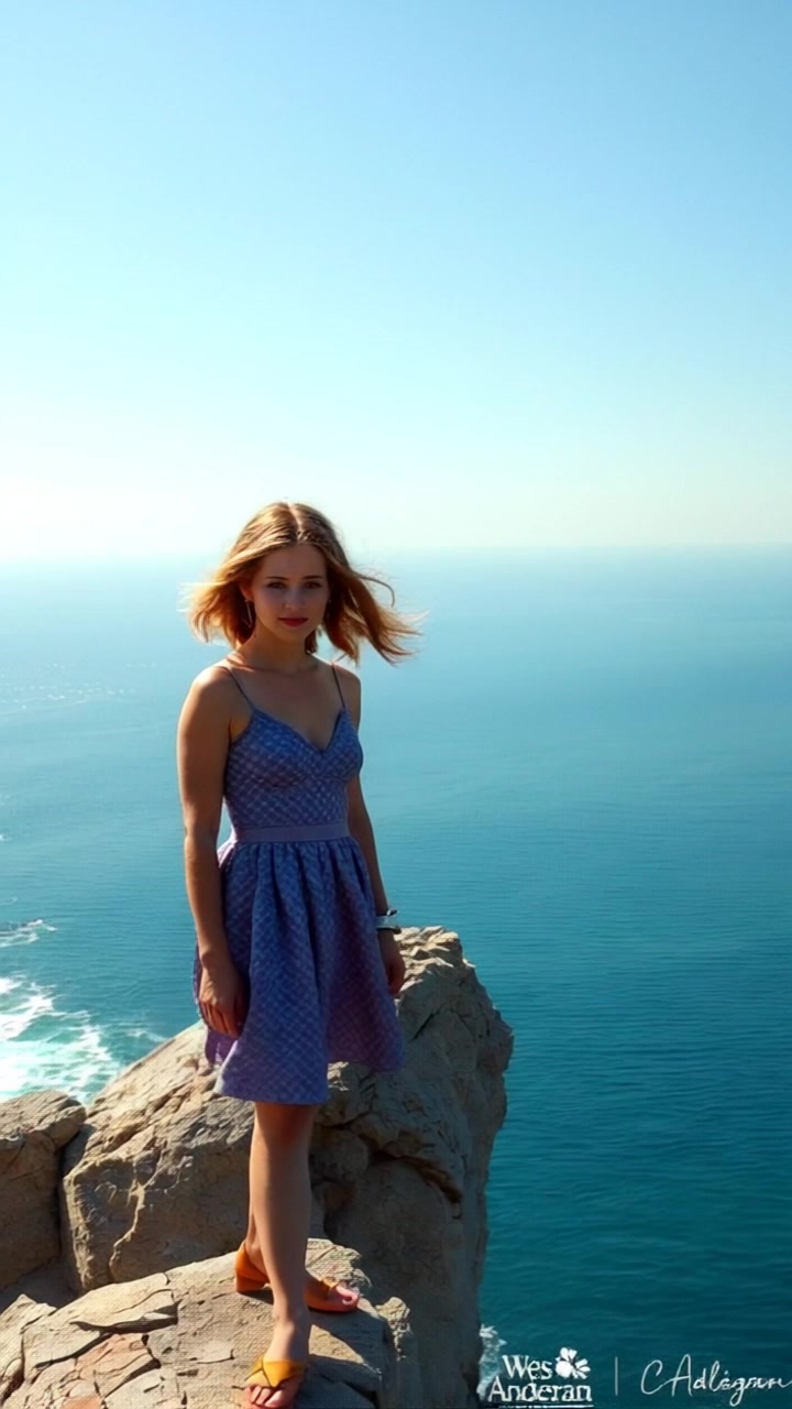 Subject: A figure standing on a rocky cliff, windswept hair and a determined expression. Subject movement: The figure shifts slightly as the wind howls, confidently gazing out over the vast ocean below. Scene: A rugged cliffside overlooking a turbulent sea, with dramatic waves crashing against the rocks. Style: Bright, clear lighting under a blue sky, creating a sense of vastness. Motion: The camera slowly zooms in towards the figure, capturing the intensity of the moment as the ocean roars beneath.