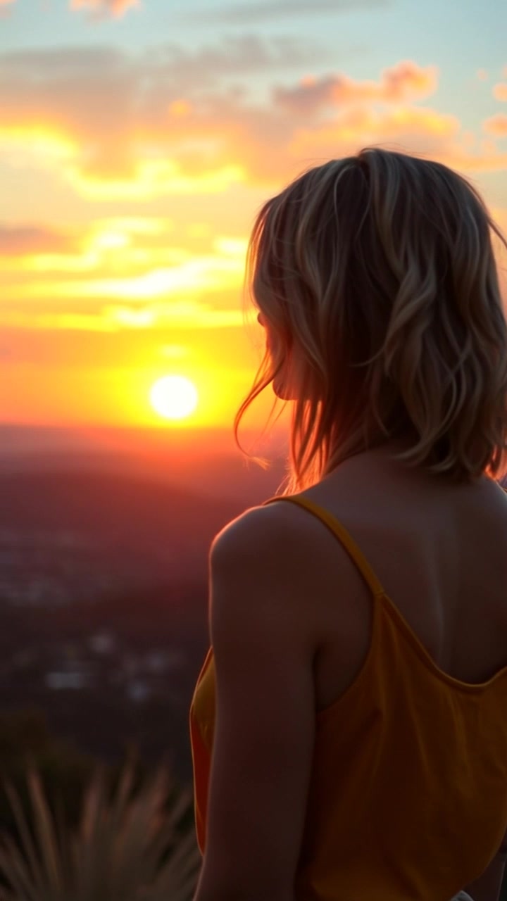 Subject: A young woman gazing out at a vibrant sunset from a hilltop, her silhouette framed against the colorful sky. Subject movement: She stands still, taking in the breathtaking view, as the warm hues of orange and pink illuminate her outline. Scene: Hilltop overlooking a vast landscape, the horizon painted with sunset colors. Style: Warm, ambient light that enhances the dramatic sky's gradient. Motion: The camera slowly pushes in towards her from a distance, capturing the peaceful moment, then transitions to a sweeping view of the sunset, showcasing its grandeur.
