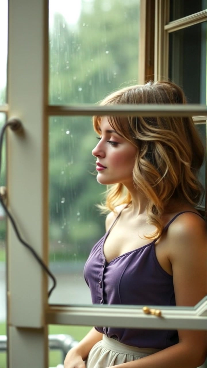 Subject: A figure standing by an open window. Subject movement: The character gazes pensively outside, occasionally shifting her weight as she contemplates the rain. Scene: A serene indoor setting with rain falling softly against the glass, streetlights illuminating the wet pavement outside. Style: Soft diffused lighting envelops the room, creating a cozy, introspective atmosphere. Motion: The camera slowly dollies in, focusing on the character's profile and the droplets cascading down the window, capturing the melancholy essence of the moment.