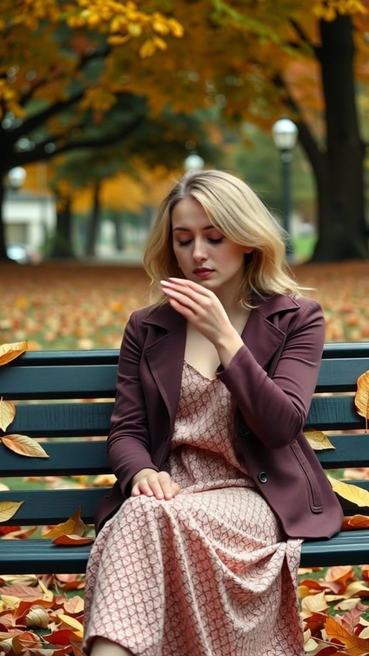 Subject: A young woman sitting on a park bench, tears glistening in her eyes. Subject movement: She slowly wipes her eyes, releasing a deep breath that catches the crisp autumn air. Scene: The tranquil park is surrounded by vibrant autumn leaves in hues of orange, red, and yellow. Style: Soft, ambient lighting creates a poignant and reflective atmosphere. Motion: The camera gently pushes in from a wider angle to a close-up, capturing the raw emotion on her face, with the swirling leaves subtly dancing in the breeze.
