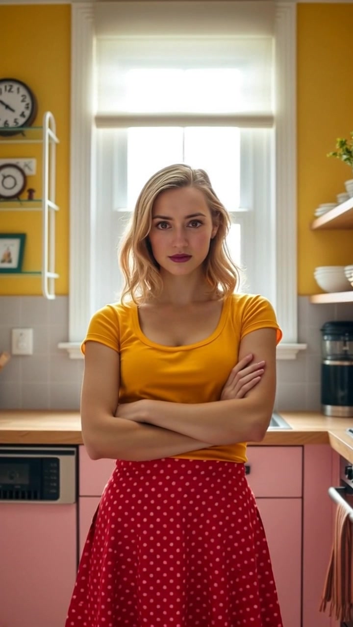 Subject: A woman standing in a modern kitchen. Subject movement: She remains still with her arms crossed, wearing a hurt expression. Scene: Bright, sunlit kitchen with clean lines and contemporary decor, sunlight streaming through the window. Style: Morning light creating warm highlights and soft shadows that accentuate the emotional ambiance. Motion: The camera slowly zooms in on her face to capture the subtle emotions, while the sunlight casts dynamic patterns across the kitchen surfaces.