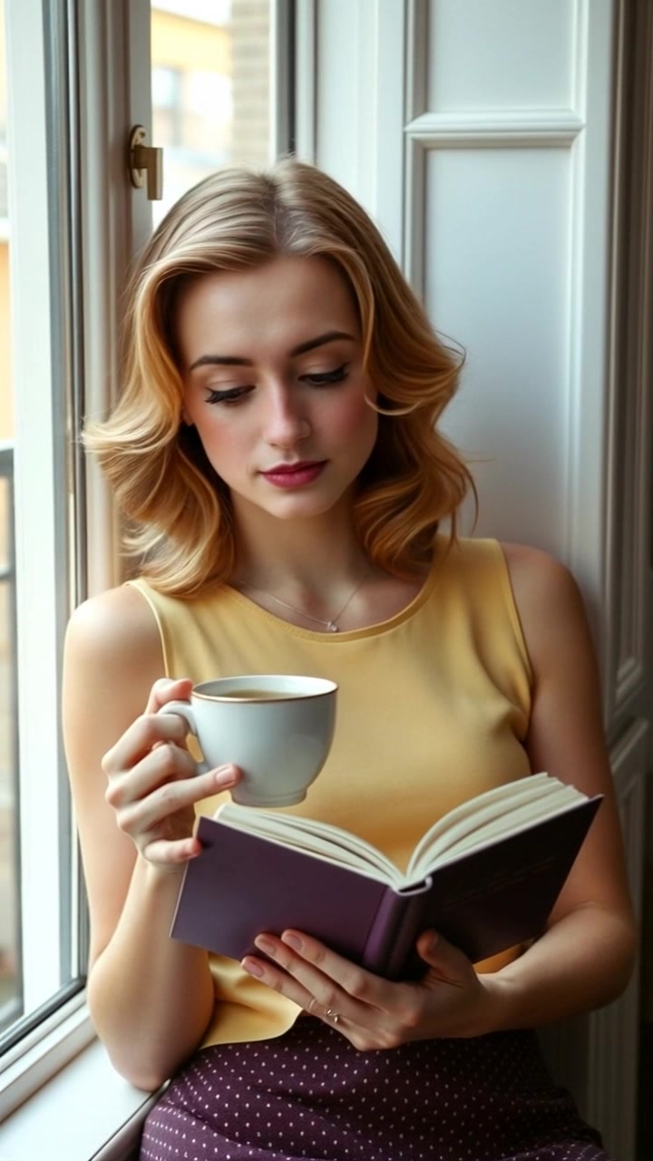 Subject: A person holding a cup of tea while reading a book. Subject movement: The person shifts slightly in their seat, absorbing the words with a relaxed expression. Scene: Cozy indoor setting next to a window with sunlight streaming in. Style: Morning light creating a warm and inviting atmosphere, casting gentle shadows. Motion: Camera slowly pushes in from a wider shot to a close-up on the book, capturing the person's serene enjoyment as the scene softly transitions.