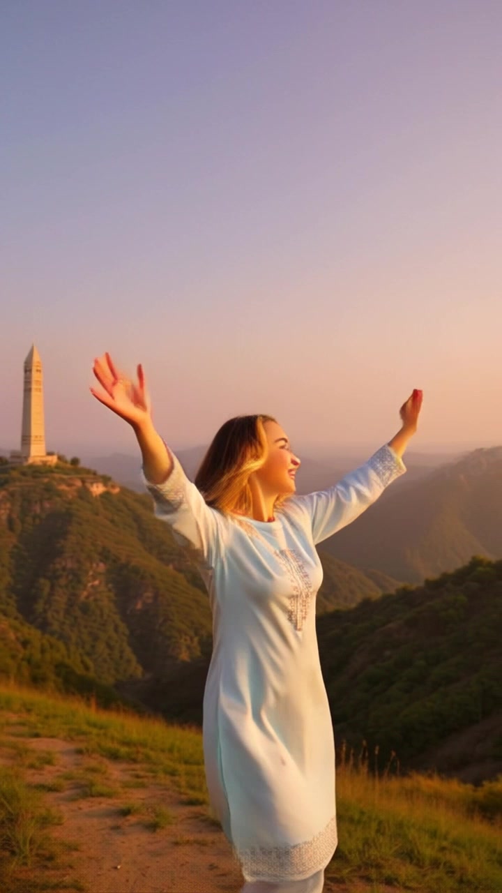 Subject: A person with arms raised in excitement. Subject movement: She spins joyfully, embracing the breathtaking view. Scene: A hilltop overlooking a vast mountain range bathed in soft, warm sunrise light. Style: The golden hues of early morning create a vibrant atmosphere. Motion: The camera does a slow, sweeping pan from the mountains to the subject, capturing the vastness of the landscape and the exhilaration of the moment.