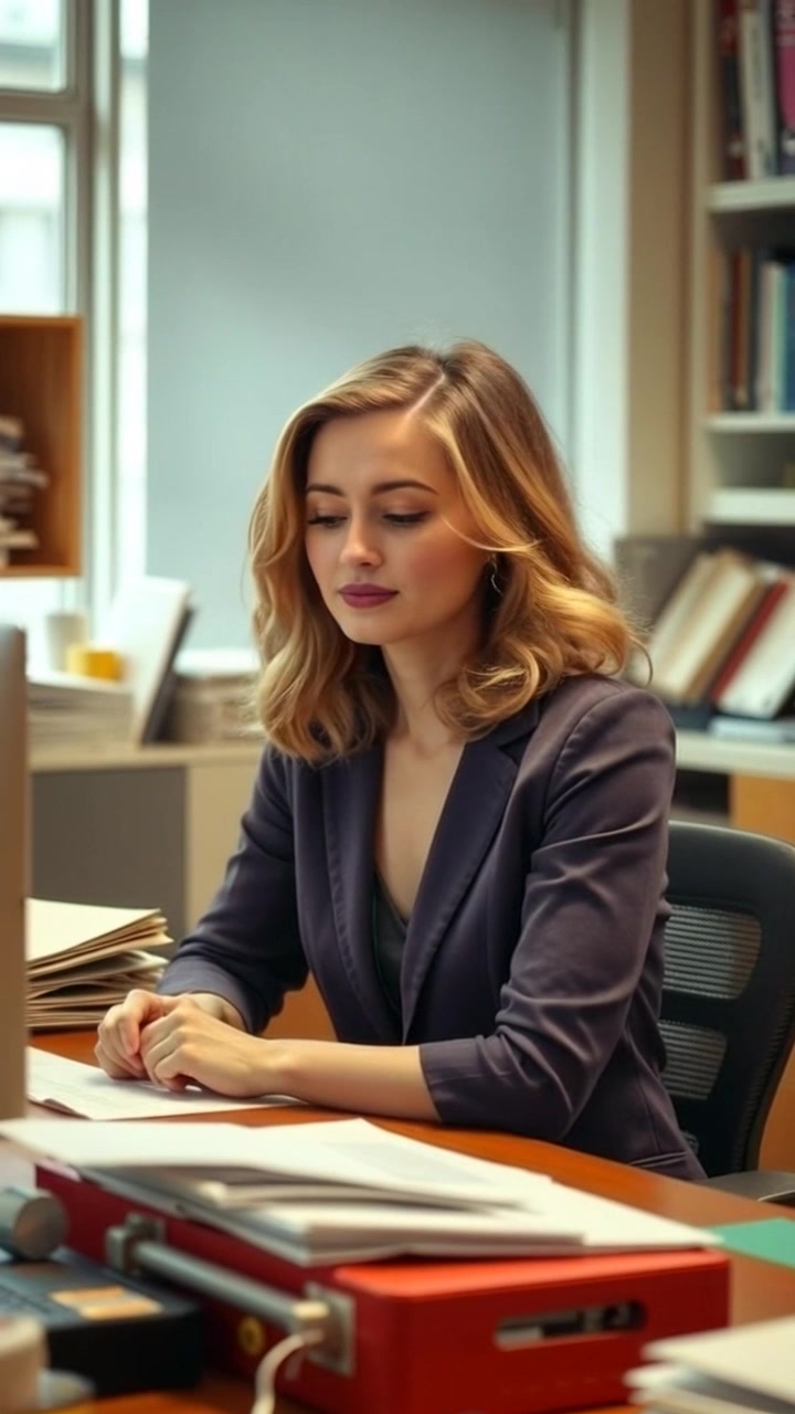 Scene: An office interior featuring a cluttered desk wrapped with papers and a computer, reflecting a work environment. Style: Ambient lighting with soft shadows, creating a slightly moody atmosphere. Motion: Camera slowly pushes in towards the desk, capturing the details of the chaos while panning slightly to reveal Ashley's bored expression.