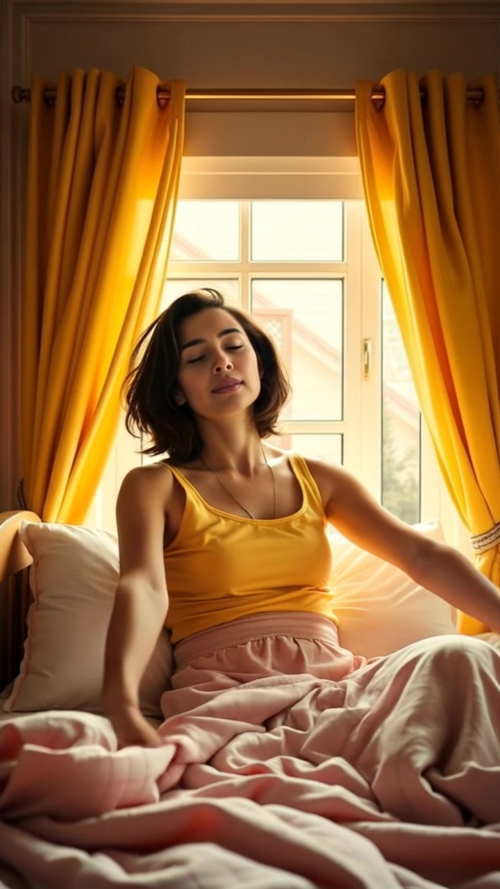 Subject: Laila sitting up in bed. Subject movement: She stretches her arms wide, basking in the warm sunlight as she wakes up. Scene: A cozy bedroom filled with soft textures and warm light streaming through the window. Lighting: Morning light filtering in, creating a peaceful and inviting atmosphere. Motion: The camera slowly pushes in to capture her blissful expression, adding a gentle focus on the rays of sunlight illuminating the room.