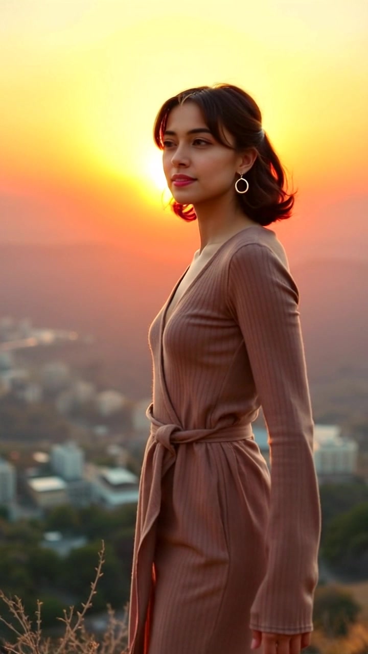Subject: A confident figure standing on a hilltop. Subject movement: The figure gazes thoughtfully over the sprawling valley below. Scene: A stunning hilltop view at sunset, with vibrant oranges and purples streaking across the sky and casting warm tones on the landscape. Motion: A smooth dolly in that captures the figure in profile, slowly revealing the breathtaking panorama of the valley and the interplay of light and shadow as the sun dips below the horizon.