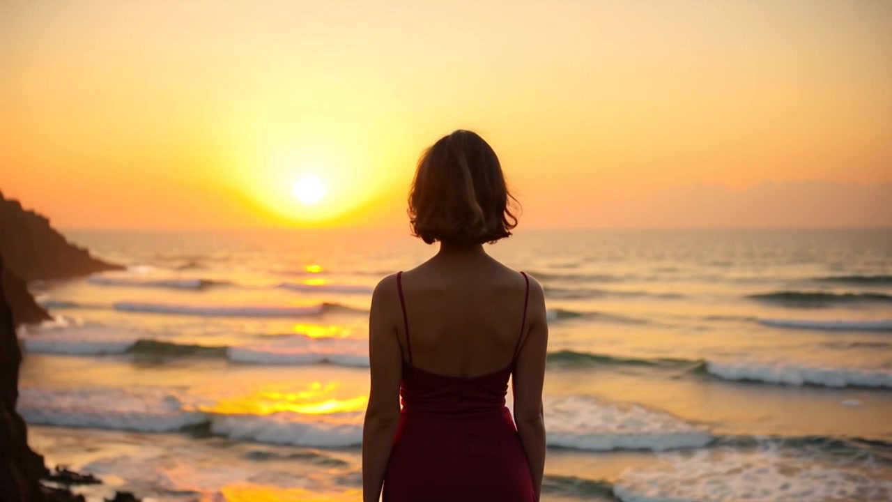 Scene: A figure standing on a cliff, overlooking a vast ocean at sunset, waves crashing dramatically below. Style: Warm sunset lighting creates a serene atmosphere, casting vibrant hues across the sky and water. Motion: The camera begins with a close-up shot of the figure, then pulls back to reveal the expansive view of the ocean and cliffs, capturing the essence of the moment as the setting sun dips below the horizon.