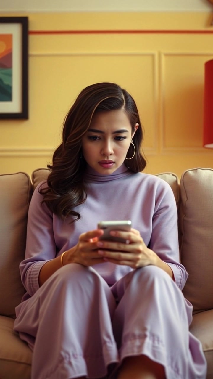 Subject: A person sitting anxiously on a couch, intently staring at a smartphone. Subject movement: The individual shifts slightly, tapping the phone nervously while furrowing their brow. Scene: Cozy living room with warm-toned lighting, inviting decor, and shadows playing across the walls. Motion: The camera gently pushes in for a close-up of the person's face, capturing the tension in their expression as the surrounding environment subtly blurs, enhancing the focus on their worried demeanor.