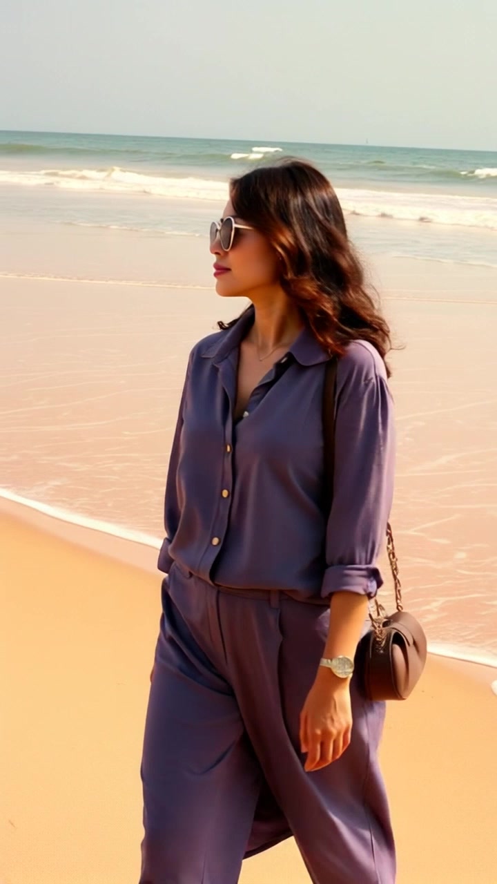 Subject: Laila walking along the sandy shore. Subject movement: She strolls gracefully, taking in the serene beauty of the beach as gentle waves lap at her feet. Scene: Tranquil beach setting with soft golden sand and clear blue water stretching to the horizon. Lighting: Warm, soft sunlight illuminating the scene with a peaceful glow. Motion: The camera follows Laila with a smooth, handheld tracking shot, capturing her leisurely walk while panning to showcase the tranquil shoreline.