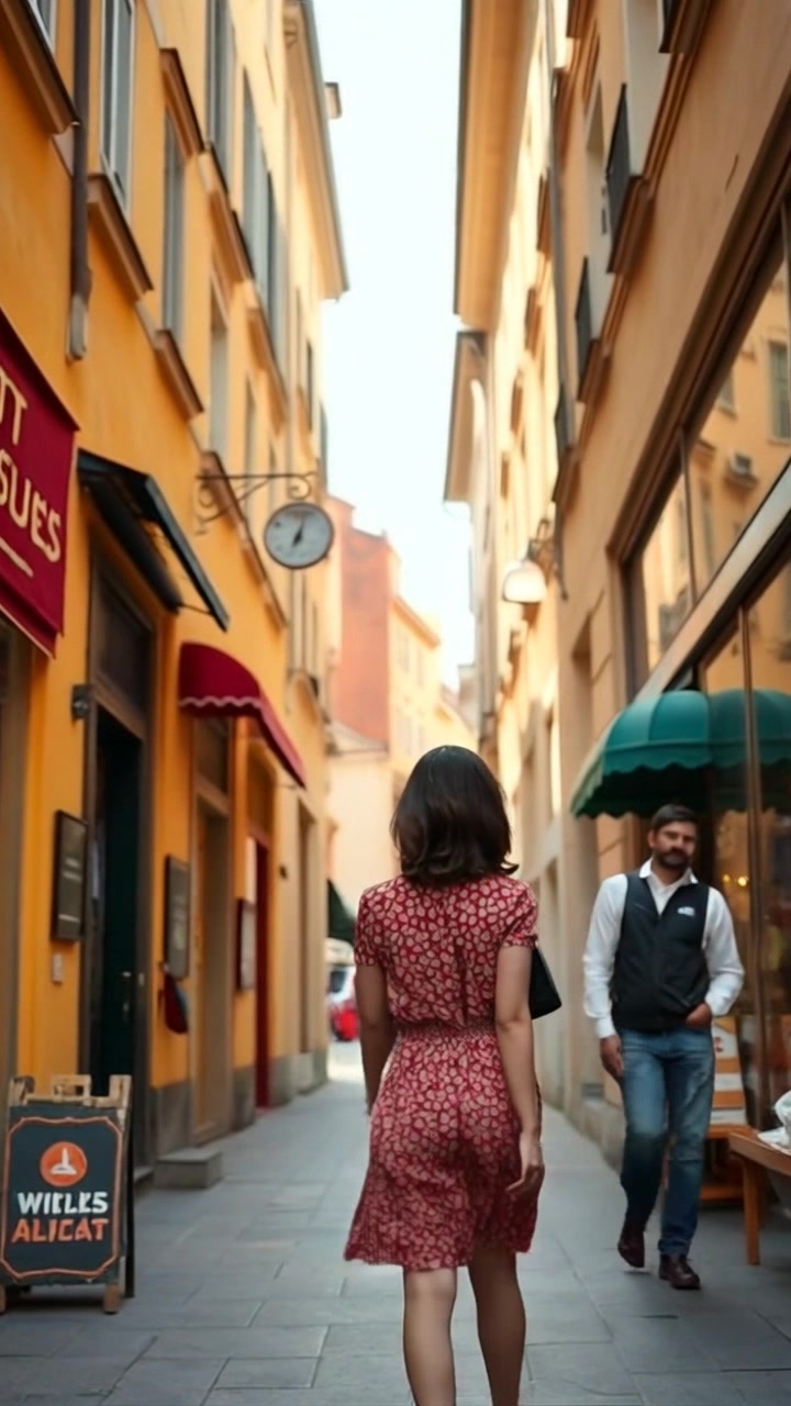 Subject: A young woman walking down a vibrant street. Subject movement: She strides eagerly, scanning the colorful storefronts on both sides. Scene: A lively shopping district filled with various shops and passersby. Style: Bright, midday sunlight illuminating the scene with cheerful clarity. Motion: The camera follows her from a mid-level angle, smoothly gliding alongside her as she explores her surroundings, providing a dynamic view of the bustling street.