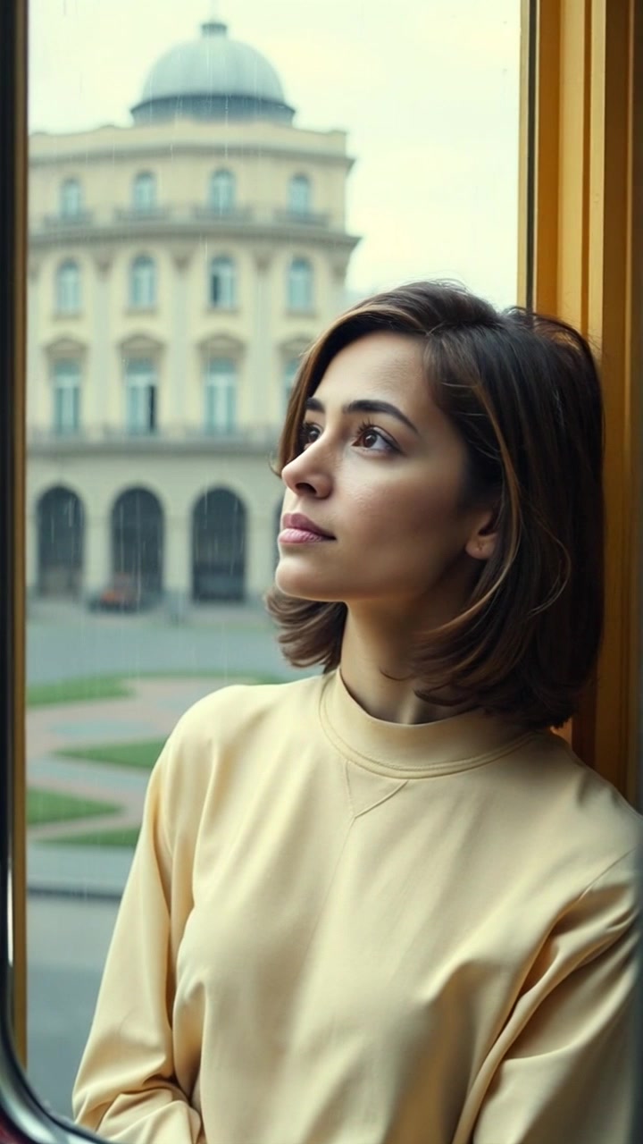 Subject: A person gazing thoughtfully out a window. Scene: A cozy interior with soft light filtering through a rain-speckled window, droplets cascading down the glass. Style: Overcast lighting creating a moody atmosphere inside, with warm colors contrasting the cool tones of the rain outside. Motion: Camera slowly pushes in on the person, capturing their contemplative expression, as the rhythmic sound of rain enhances the intimate moment.