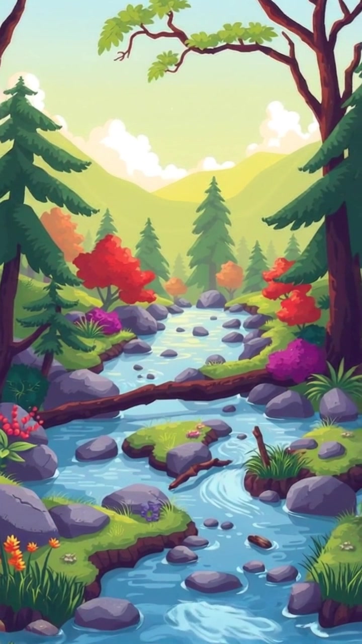 Scene: A gentle stream flowing through a tranquil forest, surrounded by lush greenery and dappled sunlight filtering through the leaves. Style: Soft, ambient light creating a serene and peaceful atmosphere. Motion: The camera slowly glides along the bank of the stream, capturing the water's movement and the rustling leaves, while the sound of flowing water enhances the tranquility of the scene.