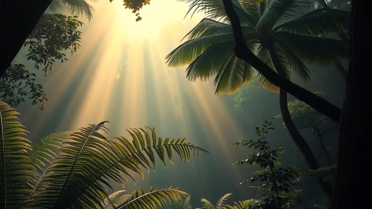 Scene: A misty forest with sunlight filtering through the leaves, creating a warm, humid environment. Style: Soft, diffused lighting enhances the lush greens and earthy browns of the forest, evoking a tranquil atmosphere. Motion: Camera glides smoothly through the trees, capturing the ethereal light beams as they dance across the foliage, immersing the viewer in the serene woodland.