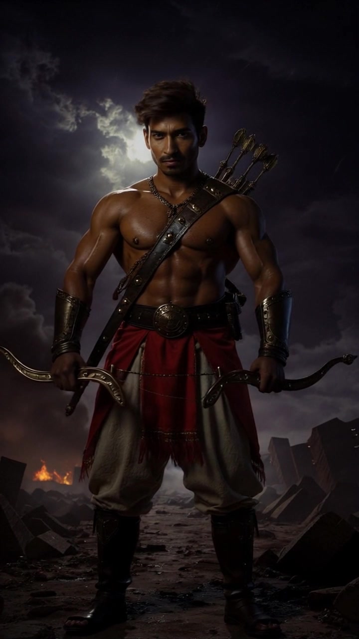 Subject: Arjun standing resolutely on a vast battlefield. Subject movement: With determination, he draws his weapon as the storm swirls ominously overhead. Scene: The battlefield is filled with swirling smoke and debris, remnants of a recent clash, under a turbulent sky that threatens rain. Style: Dramatic lighting contrasting deep shadows and flashes of light, enhancing the sense of foreboding. Motion: The camera slowly pushes in on Arjun from a low angle, capturing the intensity in his expression, while the wind whips around him, creating a dynamic, immersive atmosphere.