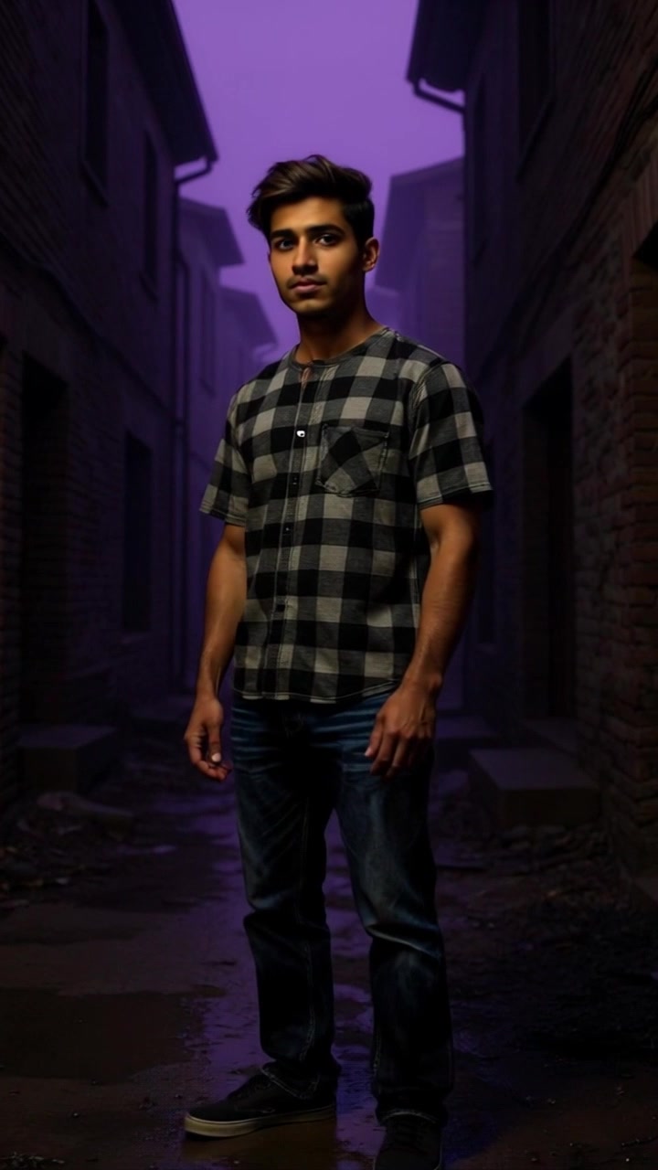 Subject: A figure standing cautiously. Subject movement: The figure turns slowly, scanning the fog-laden surroundings. Scene: A foggy, deserted village street, lined with dilapidated houses and overgrown paths. Style: Mysterious ambiance with soft, diffused lighting allowing the fog to blur distant features. Motion: The camera performs a steady push-in towards the figure, heightening the sense of tension as the fog swirls around, enveloping the scene in an eerie stillness.