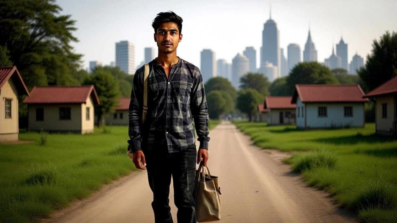 Subject: A figure walking along a dirt path. Subject movement: The figure walks steadily through a quaint village, passing by simple houses and expansive green fields. Scene: A picturesque village setting with traditional homes nestled amidst lush greenery. Style: Soft afternoon light bathing the landscape in warmth and tranquility. Motion: Begin with a handheld camera following the figure as it moves along the path, gently shifting perspective to capture the surrounding scenery.