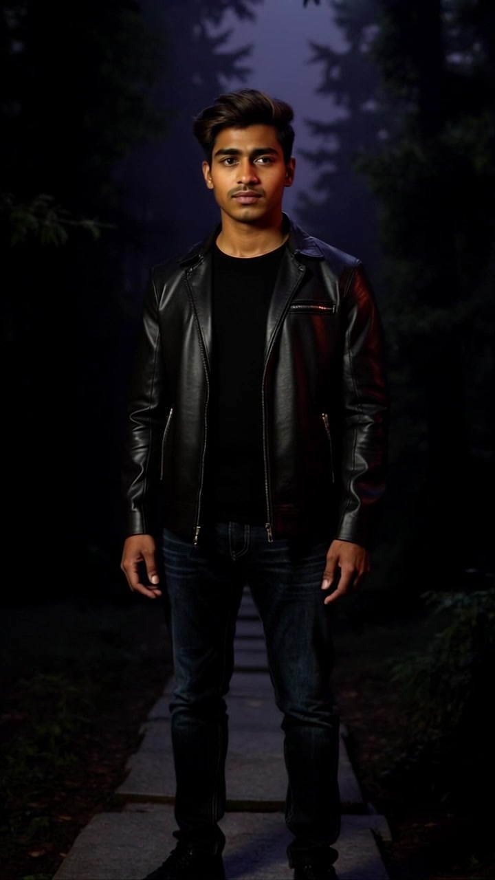 Subject: A contemplative figure standing alone on a stone pathway. Scene: An individual gazing thoughtfully at the dense forest looming behind. Style: The lighting is soft and diffused, with gentle shafts of sunlight filtering through the tree canopy, creating an intimate atmosphere. Motion: The camera pushes in slowly on the subject, capturing their introspective expression, while the rich greenery of the forest sways gently in the breeze, providing a serene backdrop.