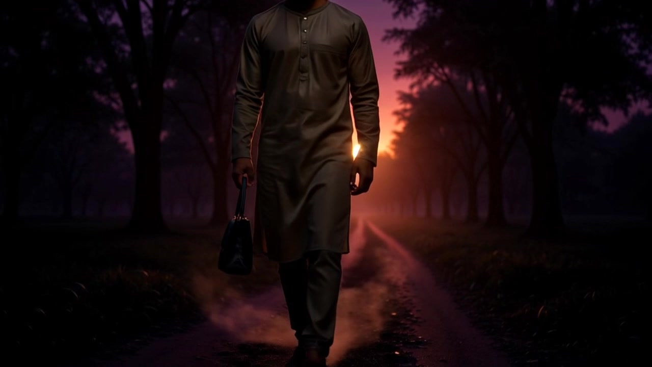 Subject: A figure walking along a deserted street. Subject movement: The figure moves steadily forward, creating soft footprints on the misty ground. Scene: A deserted street at dusk, framed by tall trees casting long shadows with a faint mist that rises from the earth. Style: Soft, ambient twilight lighting that envelops the scene in a serene yet mysterious glow. Motion: The camera begins with a close-up on the ground, capturing the mist swirling slightly, then slowly tilts up to track the figure's movement down the street, creating a sense of isolation and quiet introspection.