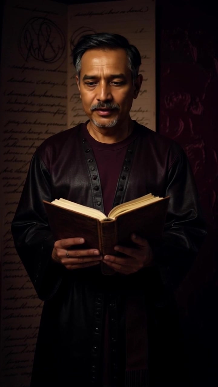 Subject: A figure stands in contemplation within a dimly lit room, holding an ancient book close. Subject movement: The figure gestures thoughtfully, flipping through the pages with deliberate care as they speak. Scene: A shadowy room adorned with historical artifacts, softly illuminated by flickering candlelight casting dramatic shadows on the walls. Motion: The camera slowly pushes in on the figure, capturing their focused expression and the textured details of the book, while the ambient light enhances the mysterious atmosphere of the space.