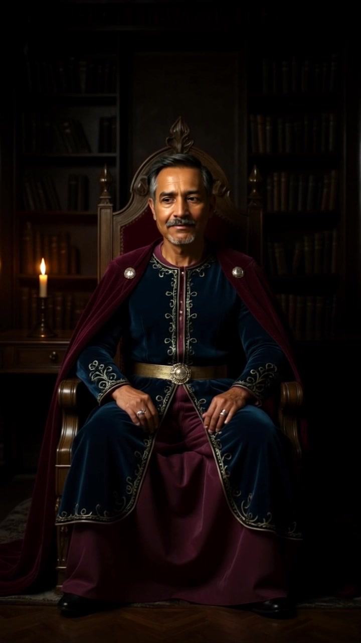 Subject: A regal figure seated on a grand throne, looking contemplative. Scene: Darkened room exuding an air of power and mystery, lined with ornate details in shadows. Style: Soft, moody lighting that accentuates the subject's silhouette against the dim background. Motion: The camera begins with a close-up on the subject's introspective expression, slowly dolly out to reveal the majestic throne and the elaborate surroundings.