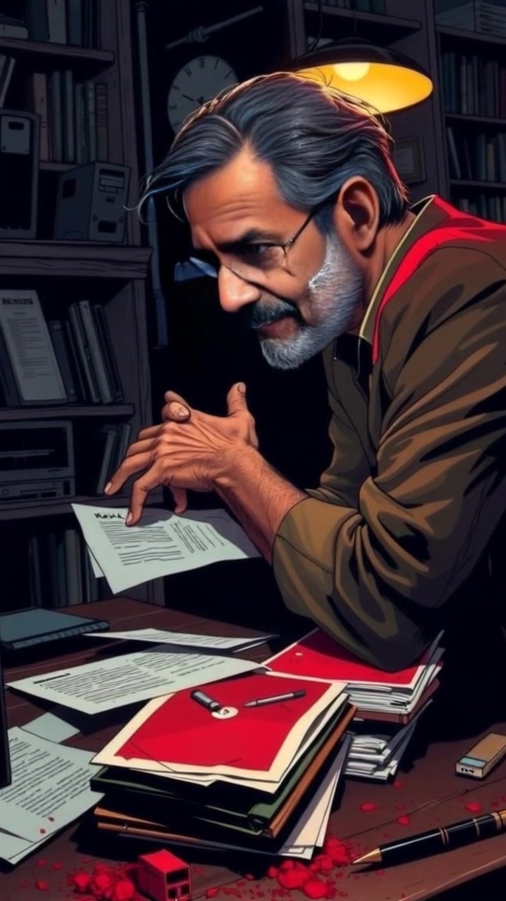 Scene: A cluttered desk filled with scattered papers, where a person is seated, cradling their head in their hands in a moment of contemplation. Style: Soft, diffused lighting creates an intimate feel, highlighting the messiness of the workspace. Motion: The camera slowly zooms in on the desk, capturing the tension of the scene, before panning to reveal the surrounding chaotic environment, emphasizing the weight of the moment.