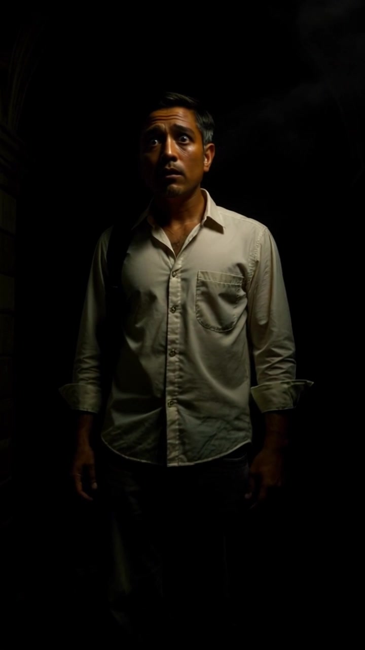 Subject: A figure caught in a moment of surprise. Scene: A shadowy corridor with dim lighting, where echoes of faint whispers create a sense of mystery and tension. Style: Moody lighting that accentuates the shadows and highlights the figure's expression. Motion: The camera slowly push in towards the figure, revealing more of the corridor's darkness as whispers seem to swirl around.