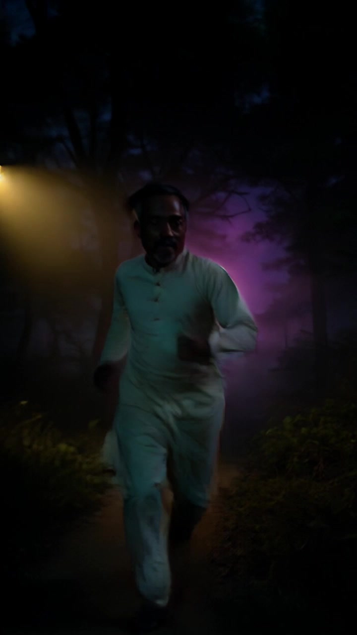 Subject: A person running frantically through a dark, misty forest. Subject movement: The figure glances back in fear while sprinting, their breath visible in the chilly air. Scene: Dense, shadowy trees loom around in an eerie atmosphere, with ghostly echoes ripple through the mist. Style: Dim lighting accentuates the haunting ambiance, with patches of soft illumination filtering through the fog. Motion: Handheld camera follows closely behind the runner, capturing their urgency and trepidation as branches swipe past.