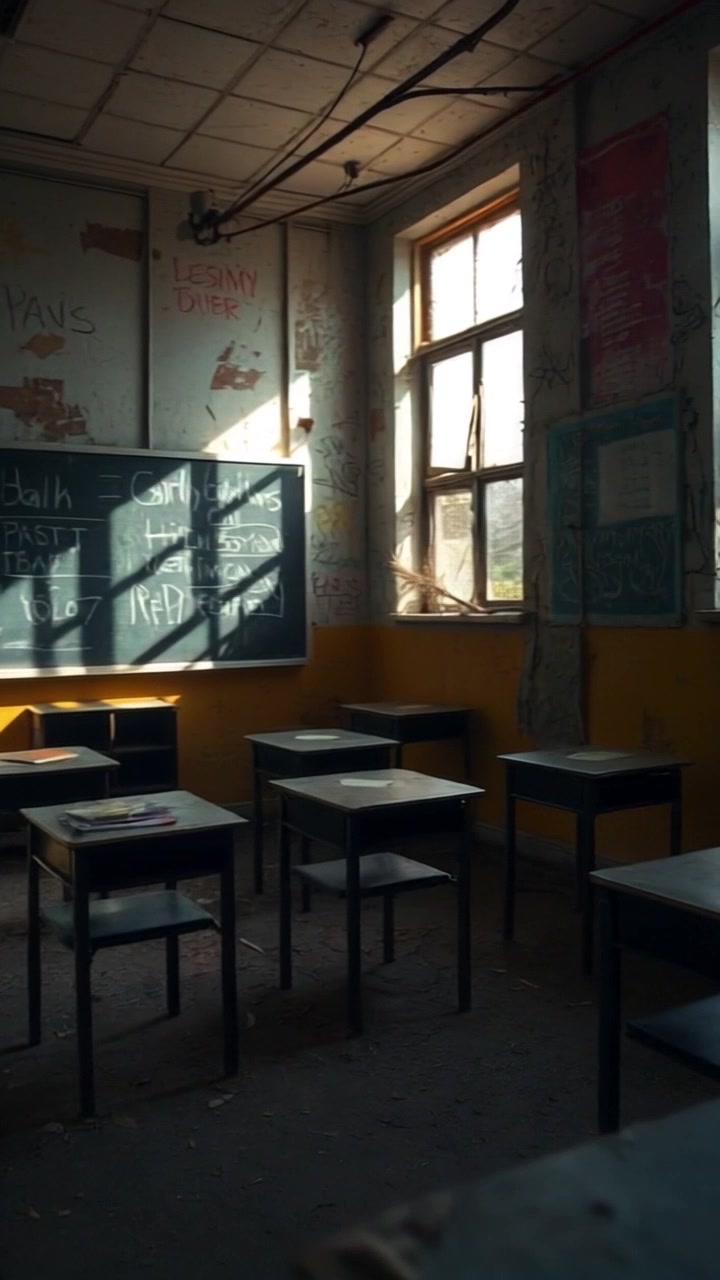 Scene: An eerie classroom filled with old desks and a blackboard covered in chalk markings, with sunlight filtering through grimy windows. Style: Soft, atmospheric lighting creating long shadows and emphasizing the dust particles in the air. Motion: The camera glides smoothly through the classroom, passing by the worn desks and panning up towards the chalkboard, revealing the intricate chalk markings as the sunlight casts an ominous glow.