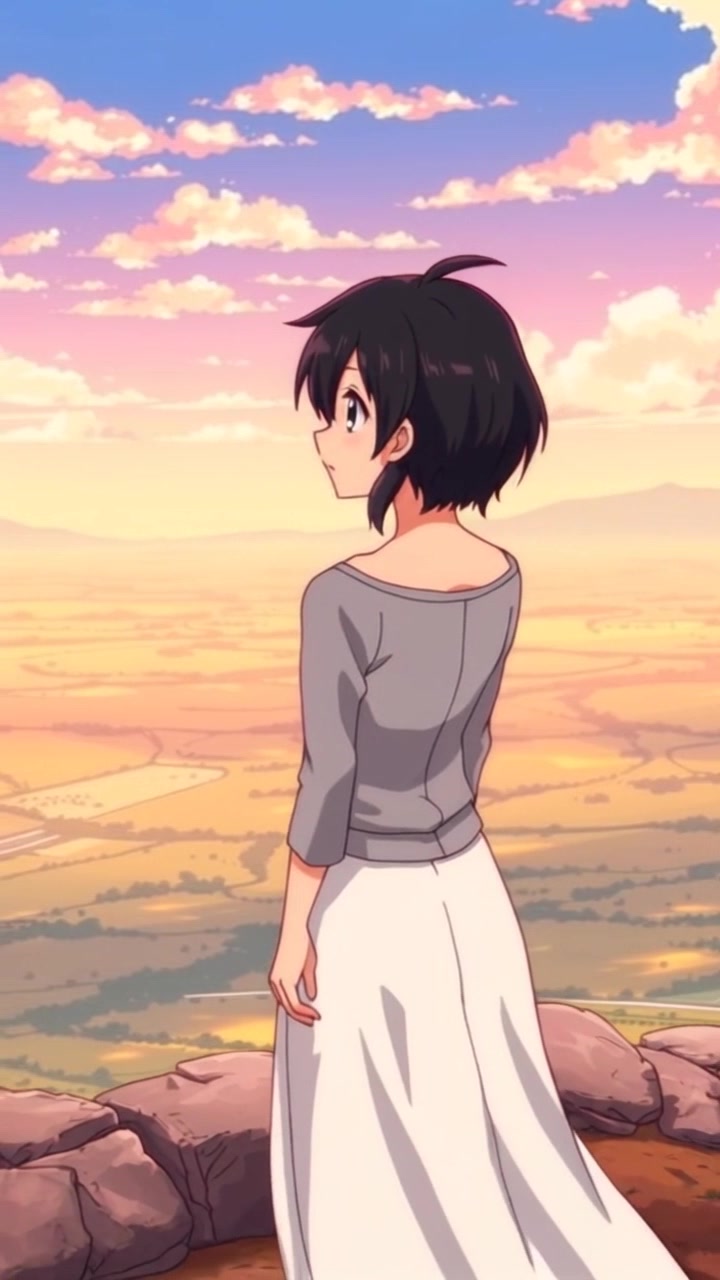 Scene: A solitary figure standing on a hilltop, gazing over a sweeping, vast landscape that stretches far into the horizon. Style: Soft evening light casts a warm glow over the scene, enhancing the serene atmosphere. Motion: Camera begins with a distant shot, slowly pushing in to capture the depth of the landscape and the contemplative posture of the figure, gently swaying with the breeze.