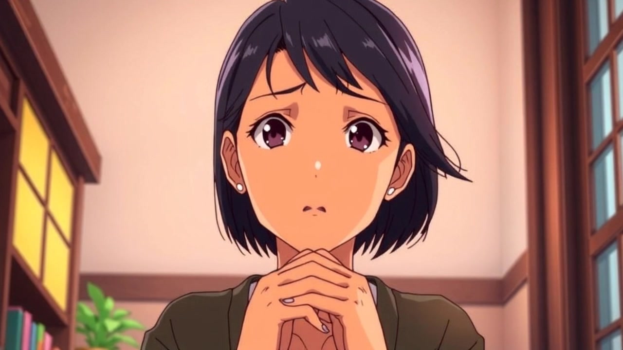 Subject: A person named Li holding a worried expression, hands clasped in front. Scene: Inside a softly lit room, the background softly blurred to maintain focus on Li's facial features. Style: Soft ambient lighting that highlights the tones in Li's face, enhancing the emotional tension of the scene. Motion: The camera begins with a tight close-up on Li's expressive features, then slowly pushes out to reveal the surrounding ambiance, immersing the viewer in her emotional state.