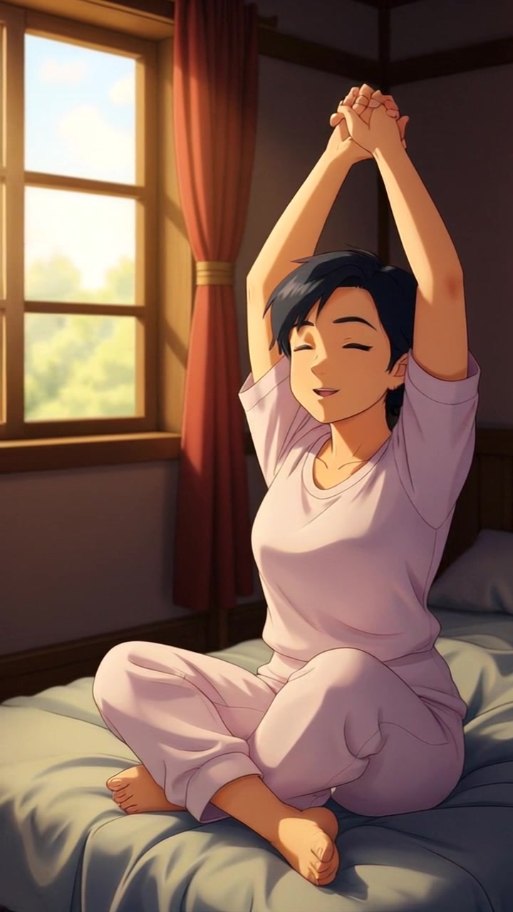 Scene: Cozy bedroom with warm sunlight streaming through the window, casting soft patterns on the walls. Style: Morning light creates an inviting, peaceful atmosphere. Motion: Camera gently pushes in toward the scene, focusing on the play of light and shadow, enhancing the tranquil ambiance of the room.