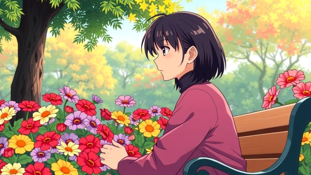 Subject: Li, sitting on a bench. Subject movement: Li shifts slightly, tilting their head as they admire the blooming garden. Scene: A tranquil garden filled with colorful flowers, with Li seated on a rustic wooden bench. Style: Soft morning light filtering through the leaves, creating dappled patterns on the ground. Motion: The camera gently pushes in, capturing a close-up of Li's contemplative expression before panning to reveal the vibrant array of flowers in full bloom around the garden.